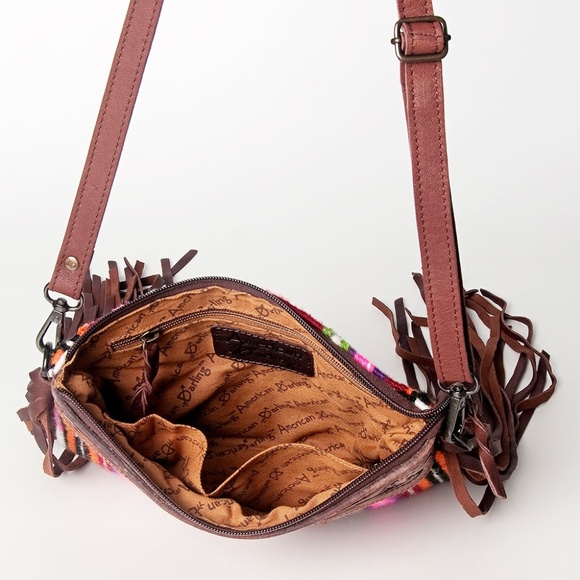 American Darling Aztec Southwestern Purse | The Rooster Den Co American Darling Southwestern Wool Crossbody Bag with Tooled Leather & Fringe -